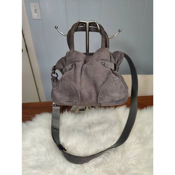 Stuart Weitzman small gray suede hobo bag with chunky silver hardware - Picture 2 of 7